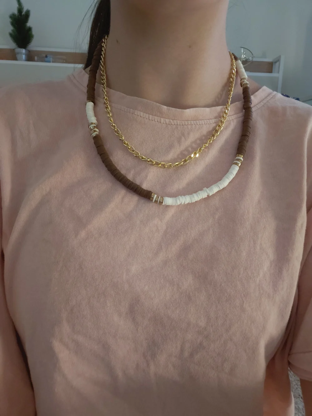 Handmade Two-Layer Gold Chain Necklace with Brown and White Beads